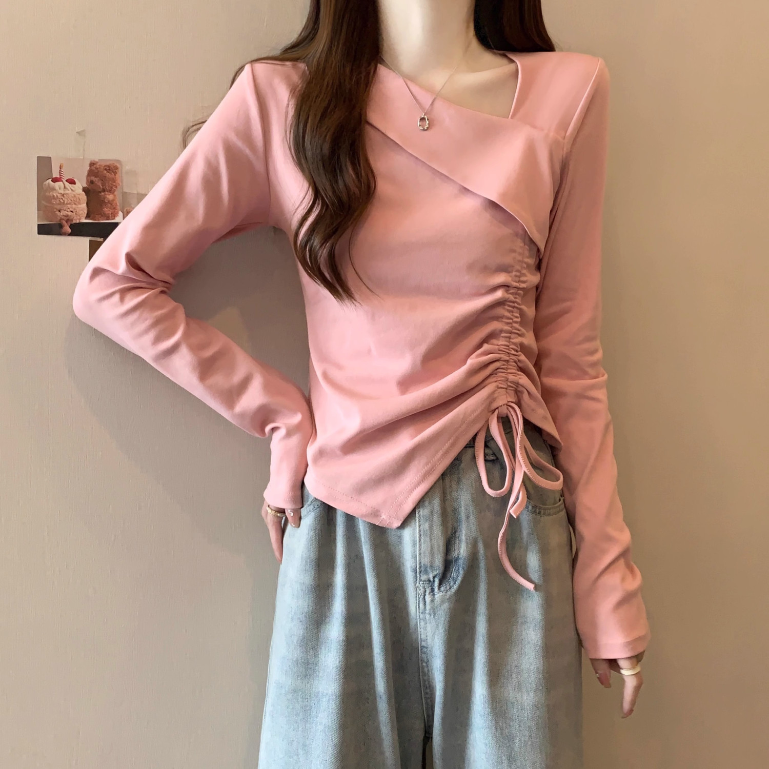 大码胖mm2025秋季新款别致甜辣很仙的t恤女粉色内搭打底长袖上衣