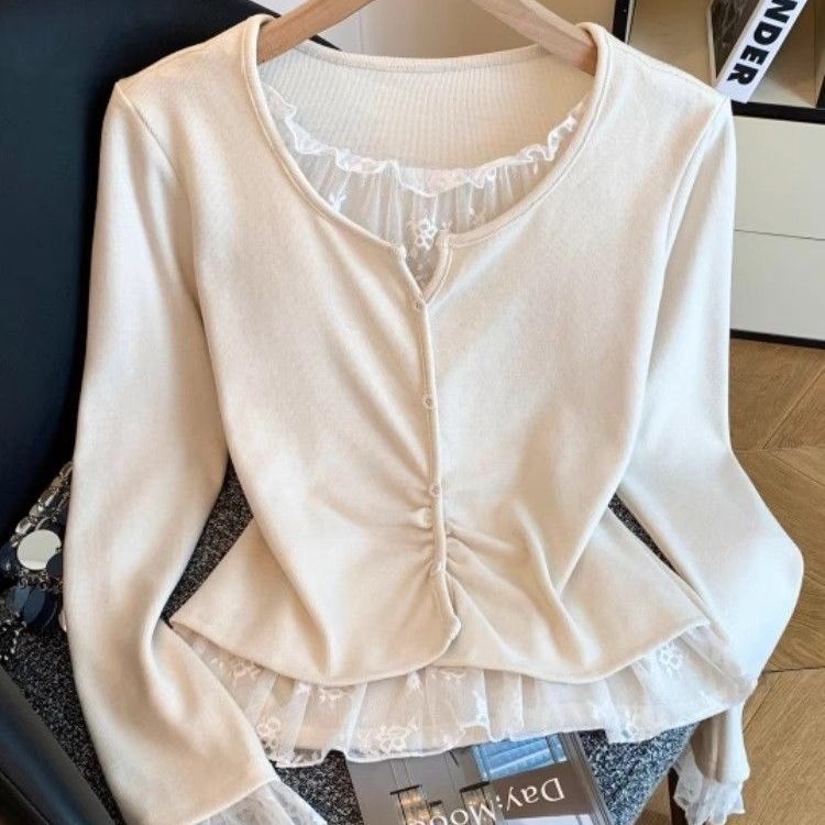 大码胖MM黑色假两件U领蕾丝拼接长袖T恤女2025新款秋季打底衫上衣