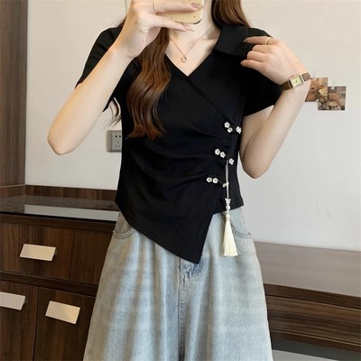 不规则短袖t恤女夏季胖mm修身显瘦正肩设计感黑色新中式上衣大码