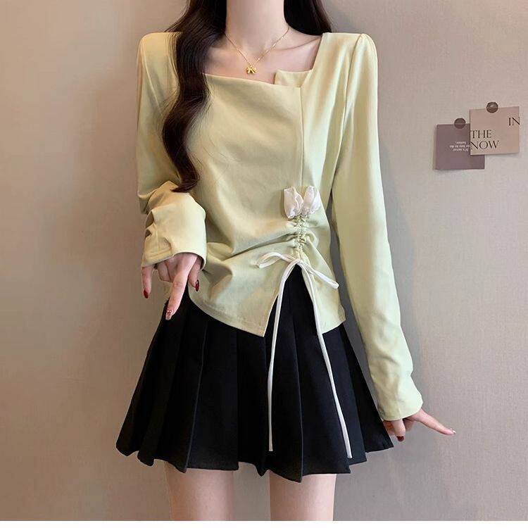 设计感方领抽绳长袖T恤女2025秋季大码女装胖mm法式遮肚正肩上衣