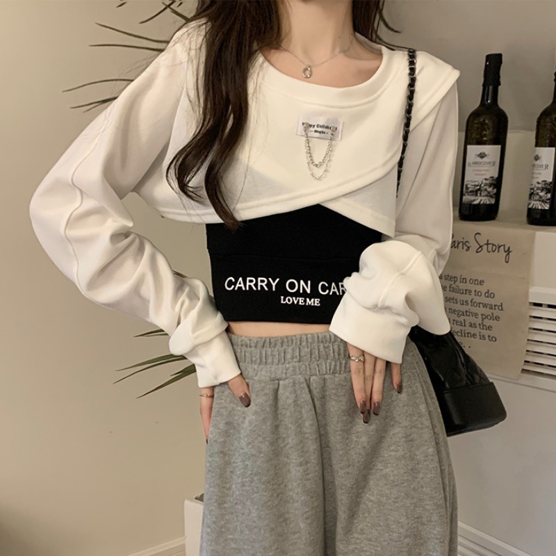 不规则短款卫衣女春秋小个子正肩美式欧货交叉长袖上衣吊带两件套