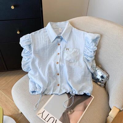 蝴蝶结刺绣飞飞袖衬衫女夏季设计感法式小衫修身短款别致短袖上衣