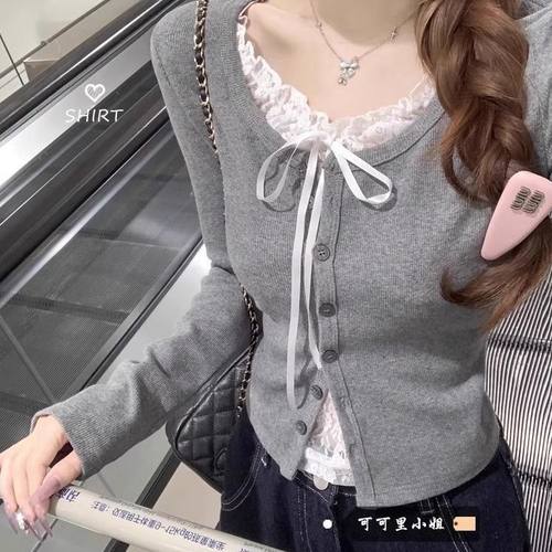 2025春季修身显瘦设计感假两件上衣大码胖MM纯欲风蕾丝拼接T恤衫