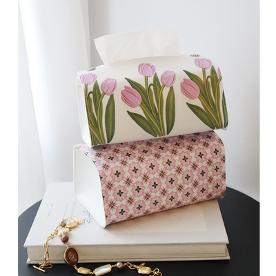 复古郁金香印花皮革纸巾盒 美式清新粉色马鞍皮餐巾收纳盒纸巾盒