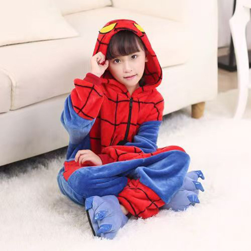 卡通蜘蛛侠儿童连体睡衣女秋冬季儿童法兰绒孩蜘蛛侠卡通保暖睡衣