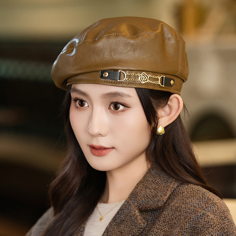 秋冬新款甜酷风链条贝雷帽百搭复古皮质画家帽户外休闲防风帽子女,服饰配件/皮带/帽子/围巾,帽子,淘宝优惠券,粉丝福利购,淘宝优惠卷