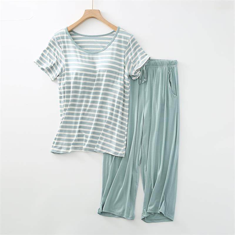 莫代尔家居服套装女带胸垫半袖罩杯一体条纹宽松版短袖睡衣七分裤,女士内衣/男士内衣/家居服,睡衣/家居服套装,淘宝优惠券,粉丝福利购,淘宝优惠卷