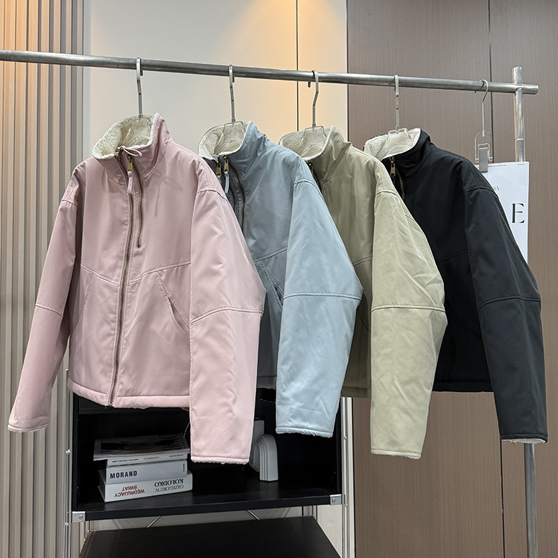 大厂订单！冬季宽松廓形立领加绒加厚双拉链羊羔绒棉衣棉服外套女