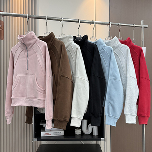 LU系风！秋冬新品宽松运动健身磨毛加绒瑜伽上衣半拉链短款卫衣女