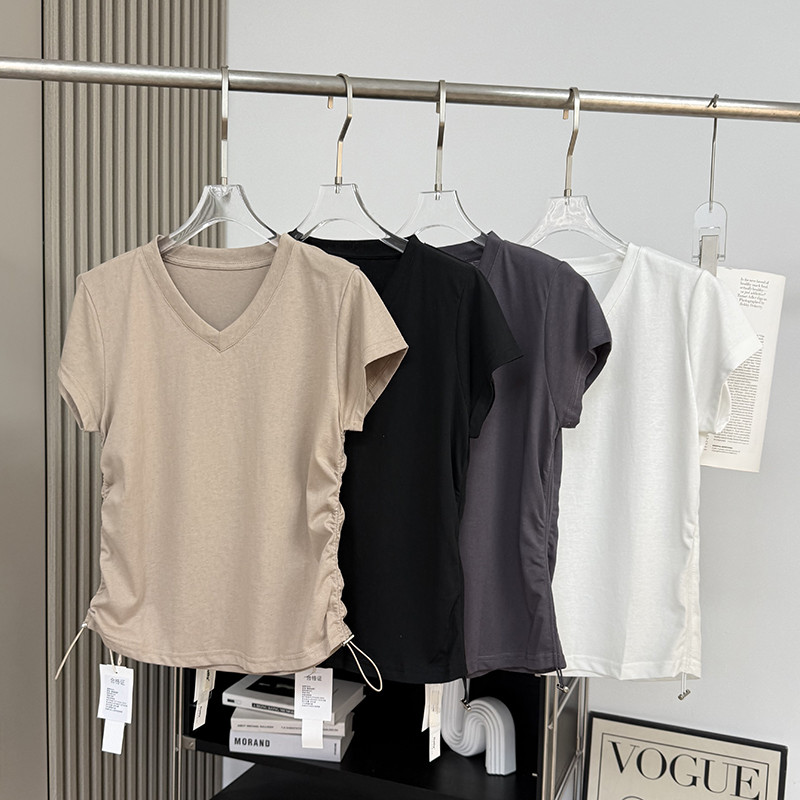 小众设计！2025夏季抽绳褶皱收腰显瘦V领正肩薄款短袖T恤打底衫女