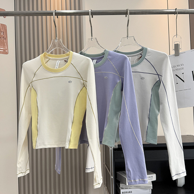 户外山系！秋冬新品润肤弹力紧身哈苏线运动拼色长袖T恤打底衫女