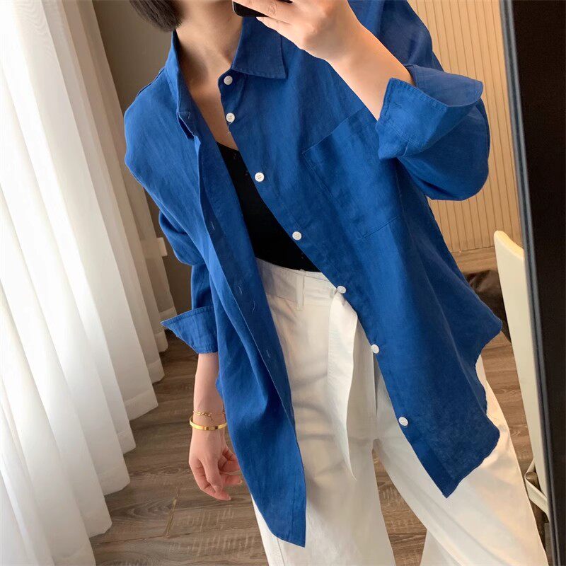 太爱了！慵懒松弛宽松显白亚ma透气老钱风口袋长袖衬衫女防晒衬衣