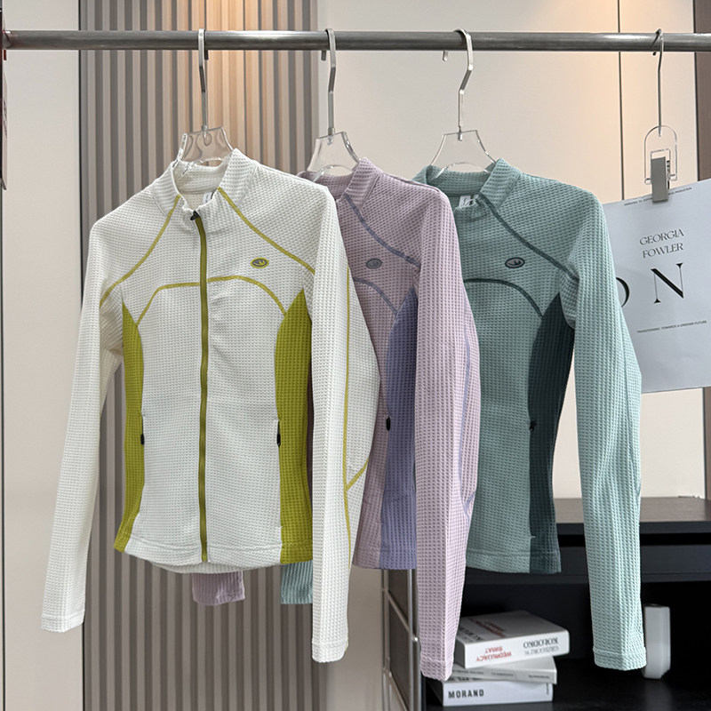 大厂订单！秋冬新品户外山系撞色肌理格紧身运动训练瑜伽长袖外套