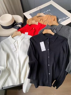 针织开衫 日单 显瘦罗纹肌理感polo领长袖 试衣间 短外套女 秋冬修身