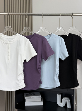 LU家同款！美式复古亨利领半开襟褶皱收腰显瘦正肩短袖T恤衫女夏