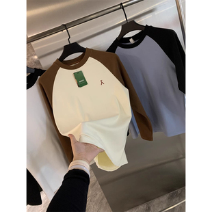 T恤打底衫 性价比炒高 秋冬宽松撞色拼接长袖 情侣款 上衣 双面德绒