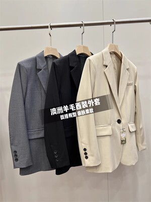 羊mao混纺修身一粒扣西装外套女