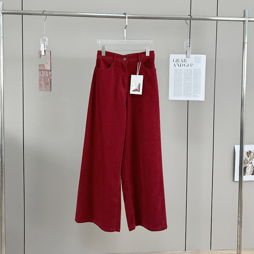row碇制红色灯芯绒阔腿裤拖地裤