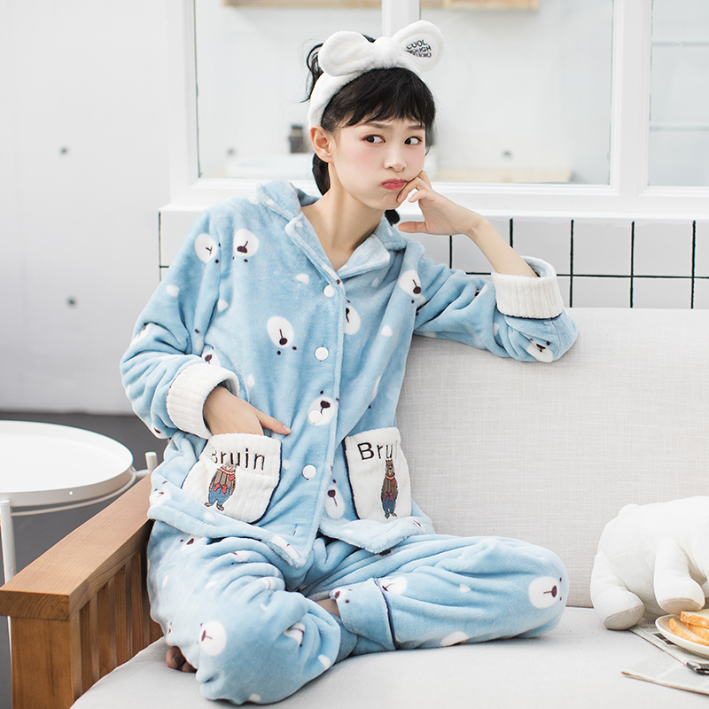 芬腾千线艺韩版珊瑚绒睡衣女秋冬甜美可爱法兰绒加厚款家居服套装