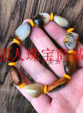 新疆和田玉籽料手链白玉原石手串枣红皮籽料原石手链三色男女同款