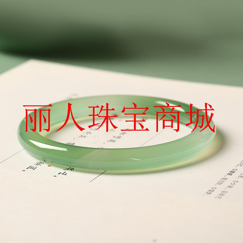 高冰油青色玉髓手镯圆条美人镯精选玛瑙青翠色远山黛玉镯饰品送礼