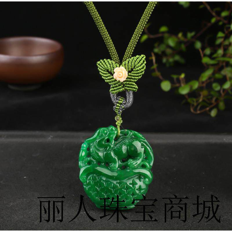 原创秋冬新款民族风毛衣链干青玉石貔貅牌吊坠简约棉麻项链女百搭
