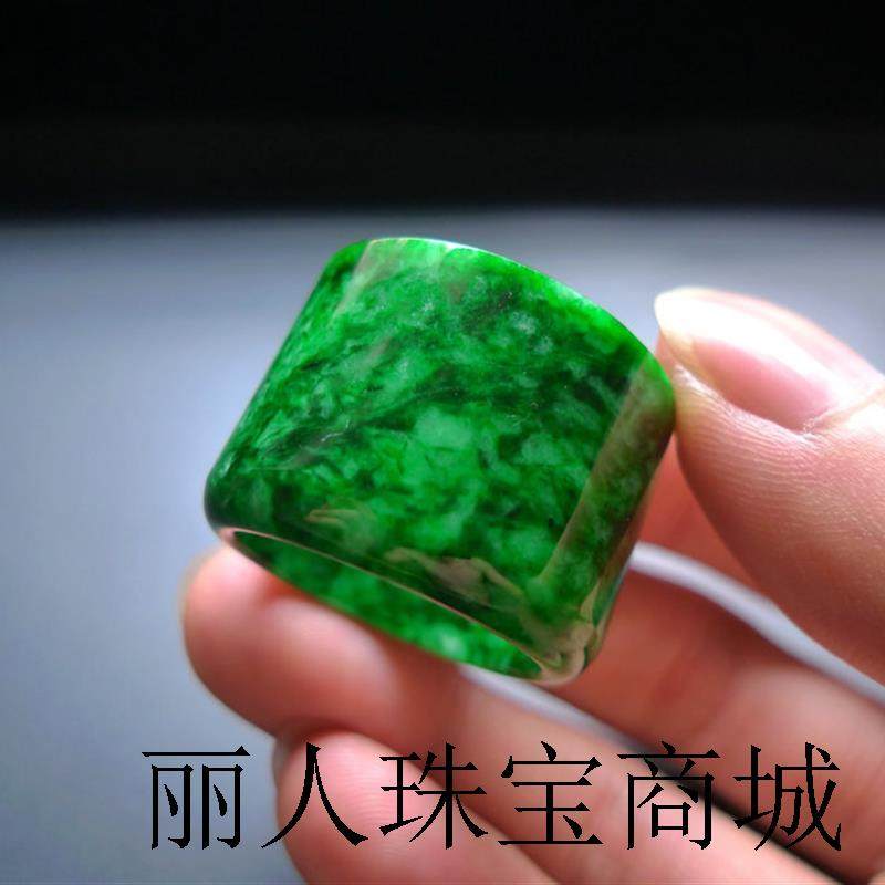 缅甸冰种花青翡翠色玉扳指满绿飘绿宽版玉石戒指女男款时尚高级感