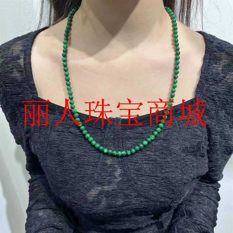 缅甸翡翠色干青圆珠满绿毛衣链新中式国风小米珠项链阳绿色锁骨链