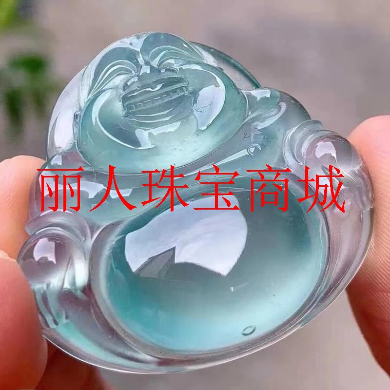 冰蓝水翡翠色玉佛吊坠男女款冰种缅甸弥勒笑佛玉佩佛公大肚佛项链