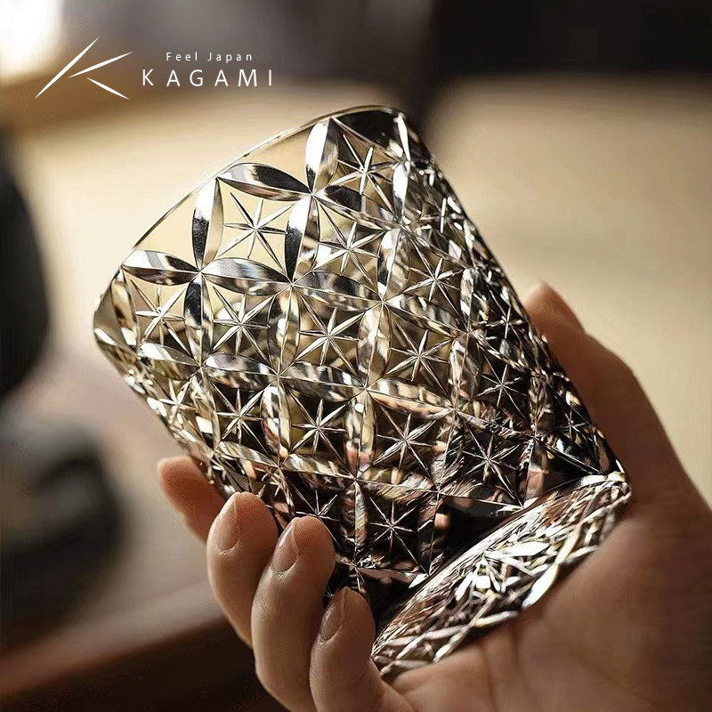 日本进口kagami水晶玻璃江户切子七宝洛克杯威士忌杯洋酒杯锅谷聪