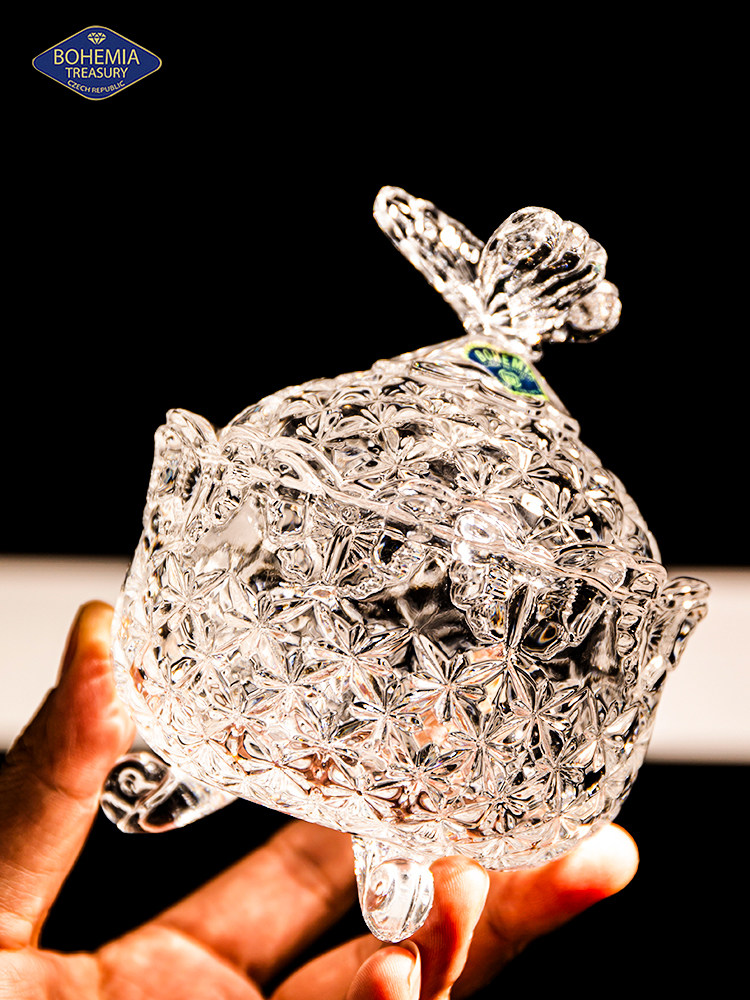 捷克进口波西米亚蝴蝶心糖罐首饰盒饰品水晶玻璃雕刻糖罐带盖