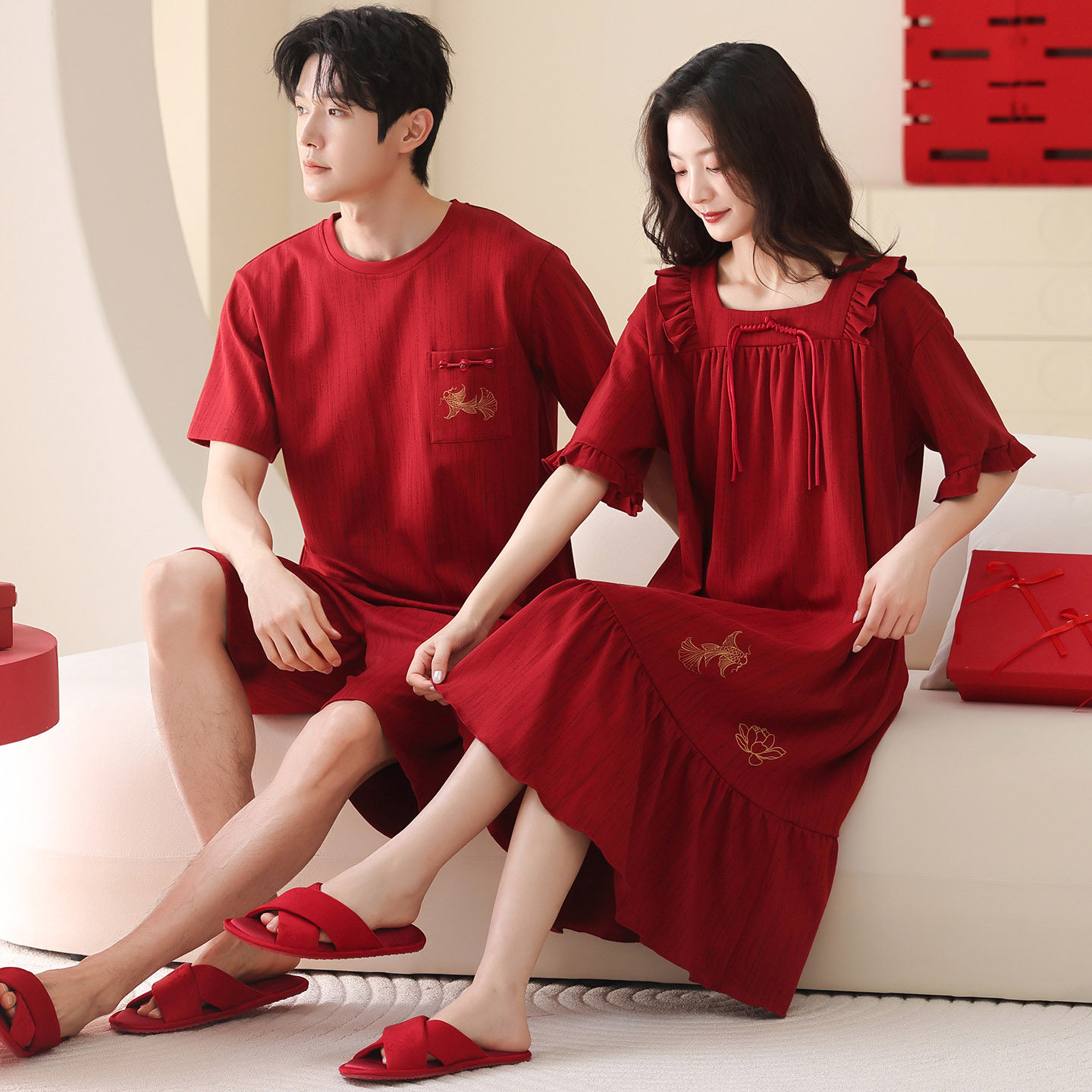 睡衣结婚新婚情侣套装夏季纯棉短袖薄款喜庆婚庆酒红色本命年睡裙,女士内衣/男士内衣/家居服,睡衣/家居服套装,淘宝优惠券,粉丝福利购,淘宝优惠卷