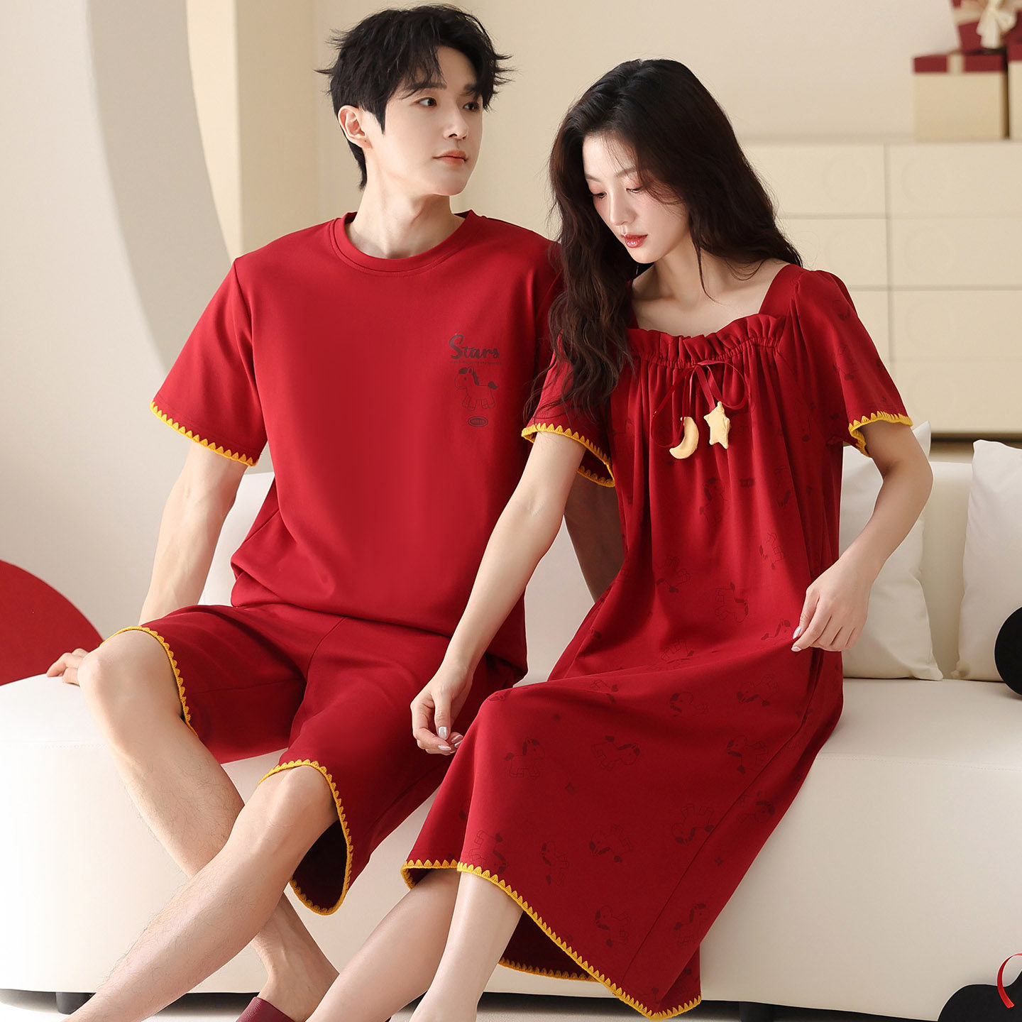 情侣睡衣夏季卡通可爱睡裙纯棉短袖红色新婚喜庆本命年家居服套装,女士内衣/男士内衣/家居服,睡衣/家居服套装,淘宝优惠券,粉丝福利购,淘宝优惠卷