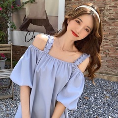 Real shot real price Korean version niche one shoulder bubble sleeve suspender dress