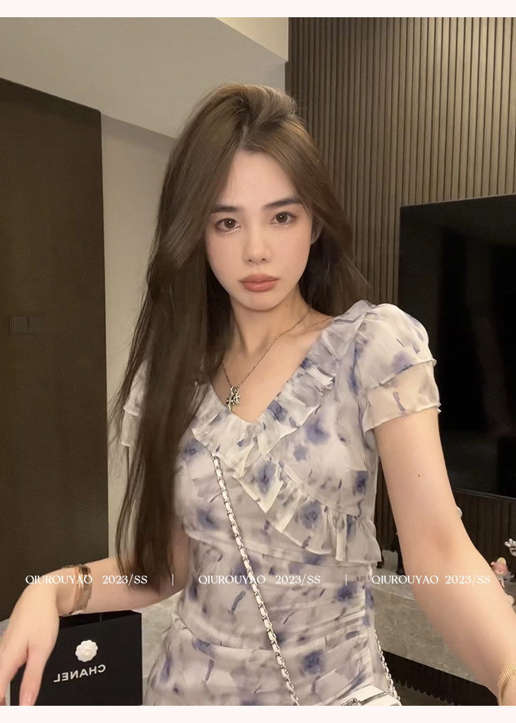 邱肉瑶 2023夏季新款法式雪纺碎花连衣裙女紫色V领短袖侧开叉裙子使用感如何?
