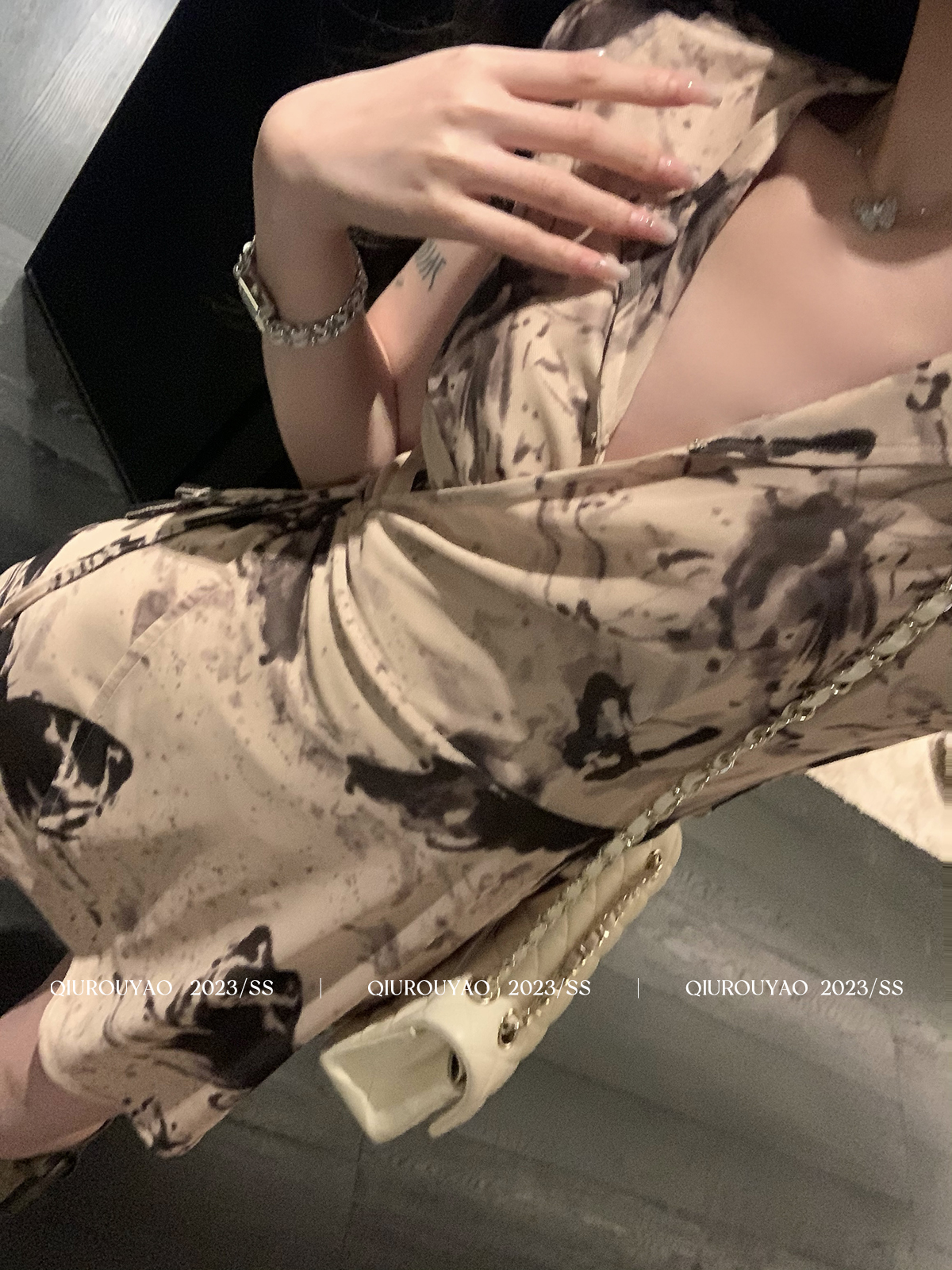 邱肉瑶 2023秋季新款新中式水墨画连衣裙女短袖收腰中长款a字裙子