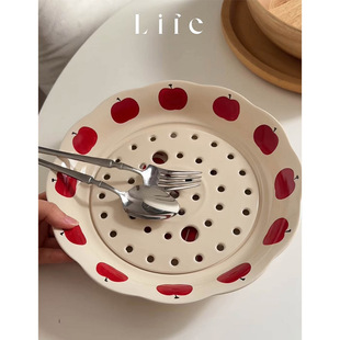 红苹果饺子盘一盘多用陶瓷餐盘釉下彩耐高温带沥水孔大号水饺盘