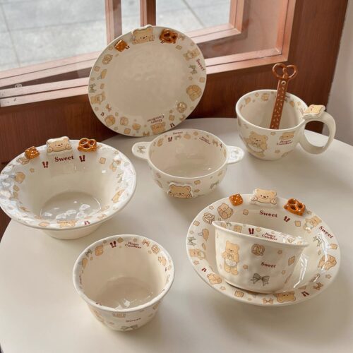 可爱小熊陶瓷餐具套装家用碗盘碟子卡通造型碗碟组合餐具甜品盘子