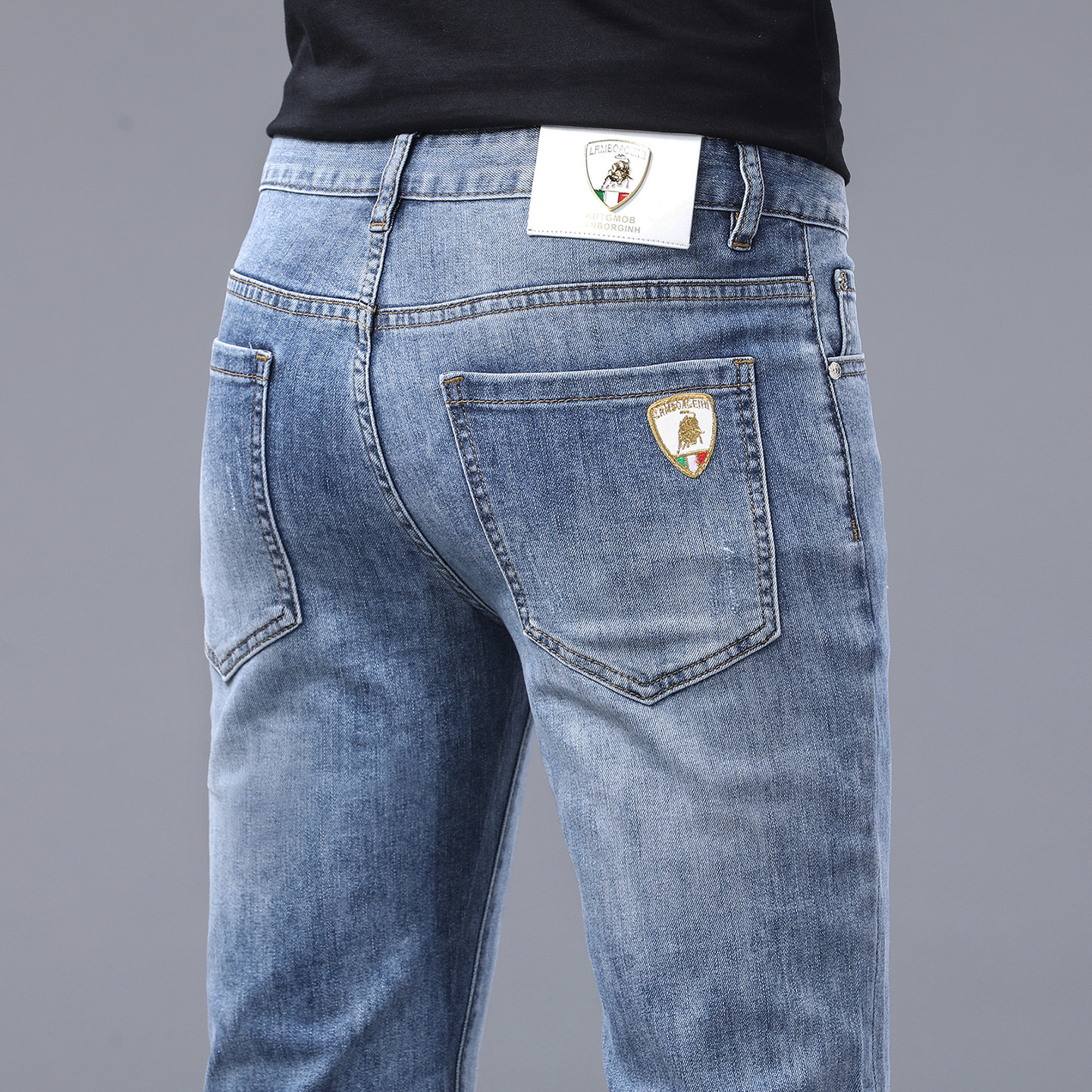 法国高端品牌浅蓝色牛仔裤男修身小脚弹力休闲时尚春夏季薄款裤子