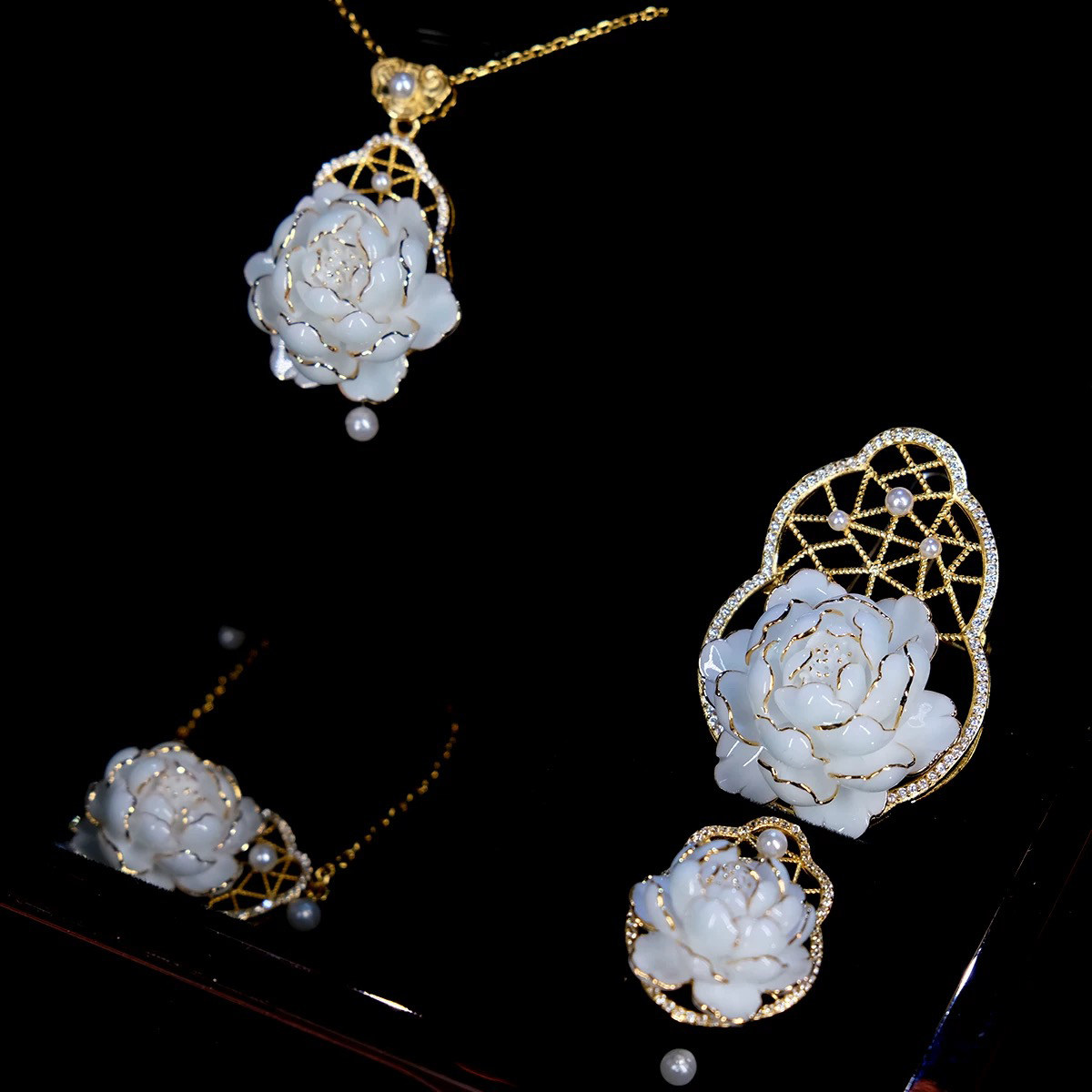 洛阳李学武牡丹瓷纯手工陶瓷牡丹花首饰饰品套装四件套手链项链款