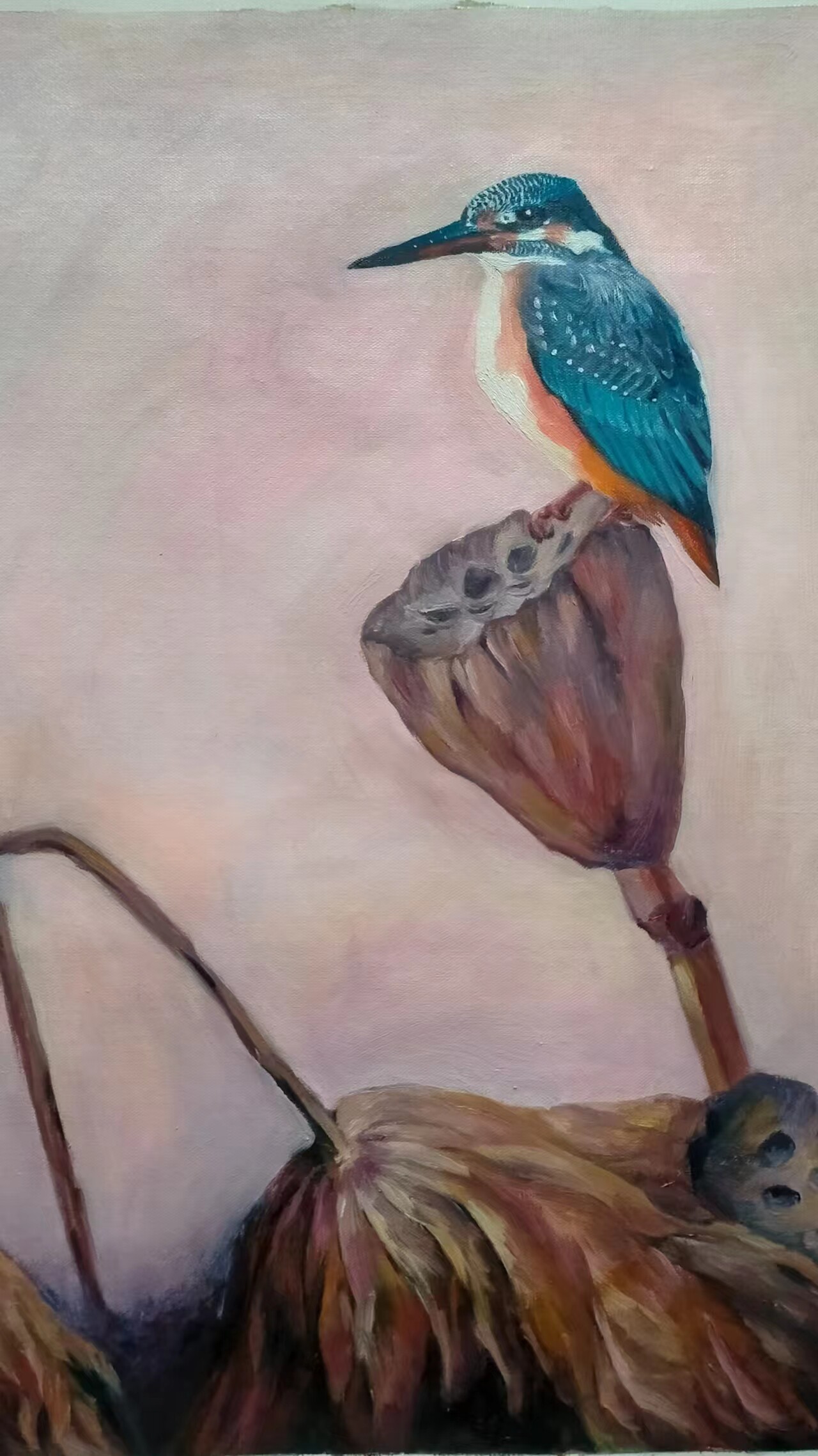 油画荷花残荷翠鸟荷花翠鸟包邮