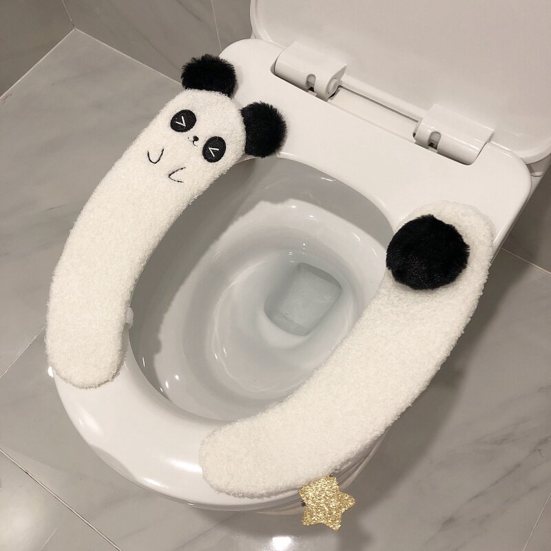 可爱毛绒猫咪四季通用马桶垫粘贴式坐便套加厚毛绒马桶坐垫圈家用