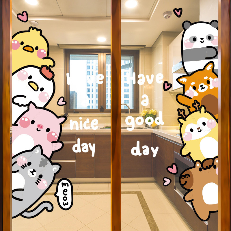 简约可爱卡通小动物玻璃门贴纸厨房推拉门防撞窗花贴静电贴画腰线