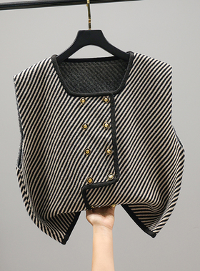 22117新款韩版宽松双排扣针织衫马甲背心女士百搭外套毛衣上衣