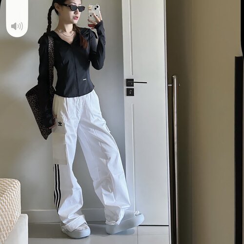 Adidas阿迪达斯新春季女三叶草百搭纯棉休闲阔腿工装长裤JH3176