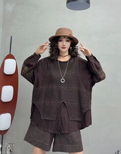 2026秋季新款女装假俩件大版拼接长袖针织衫女宽松圆领套头胖子装