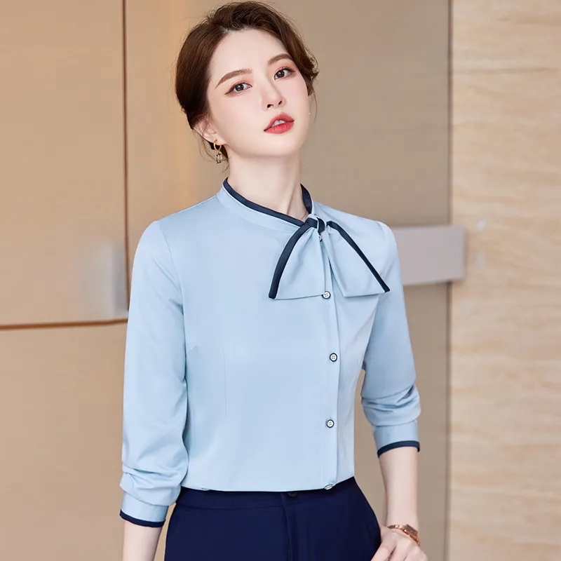 时尚蝴蝶结领白衬衫女长袖职业正装工作服工装气质免烫白色衬衣秋