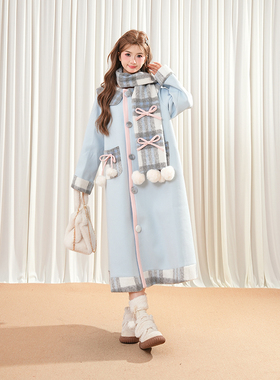 【奶油日记】2025年秋冬可爱蝴蝶结格子甜美少女围巾毛呢长款大衣