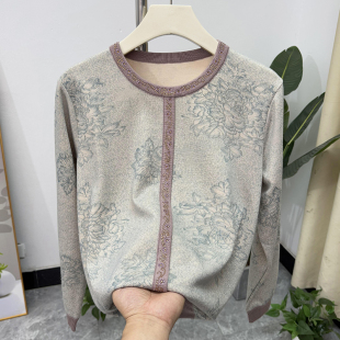 洋气妈妈春装碎花长袖针织上衣高贵婆婆装圆领T恤中老年女打底衫
