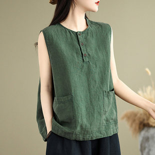 纯棉无袖 今年夏季 纯色背心女装 棉麻大码 上衣外穿口袋设计圆领 新款